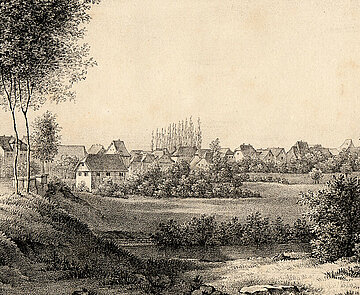 Blick auf Mühlburg von Süden, um 1830