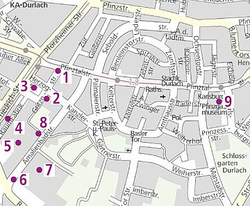 Stadtplan von Durlach mit ausgewählten Stationen zur Geschichte Wirtschaftsgeschichte