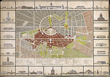 Stadtplan von 1822 mit Ansichten stadtbildprägender Bauten Friedrich Weinbrenners, kolorierte Lithographie. 