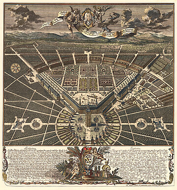Ansicht der Stadt von Norden 1739, kolorierter Kupferstich nach einer Zeichnung des Hofgärtners Christian Thran. 