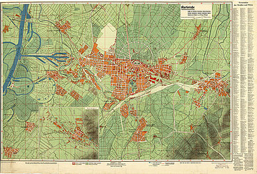 Stadtplan von 1938 mit den Eingemeindungen Bulach (1929), Knielingen (1935) sowie Durlach und Hagsfeld (1938).