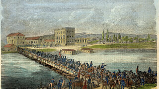 Übergang der pfälzischen Freischaren über die Rheinbrücke bei Knielingen am 18. Juni 1849