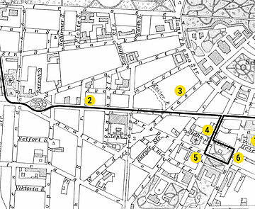 Route der Schaufahrt durch die Karlsruher Innenstadt – entlang von Orten, die für die zerstörte Demokratie standen