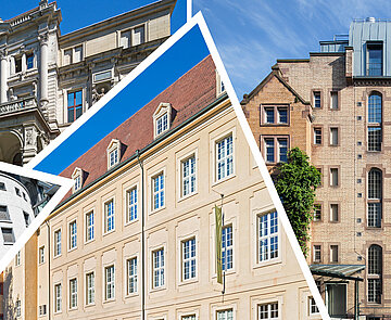 Fotomontage der Häuser Stadtarchiv, Stadtmuseum, Pfinzgaumuseum und Erinnerungsstätte Ständehaus