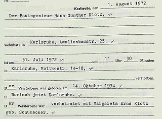 Sterberegistereintrag von Oberbürgermeister Günther Klotz, 1972