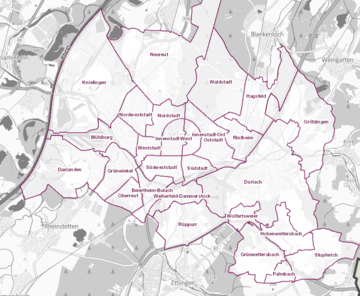 Stadtplanabbildung der Karlsruher Stadtteile.