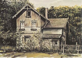 Das ursprüngliche Jägerhaus fiel zu Beginn der 1960er Jahre dem Bau der Waldstadt zum Opfer; Aquarell Gerhard Kentner