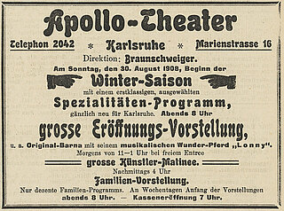 Anzeige des Apollo-Theaters aus dem Karlsruher Tagblatt von 1908
