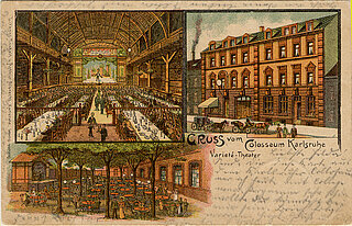 Postkarte mit Saal, Biergarten und Außenansicht des Colosseums im Jahr 1900
