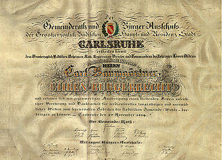 Die Urkunde für Karl Baumgärtner (1790-1847), den ersten in Karlsruhe geborenen Ehrenbürger, Stadtarchiv Karlsruhe 8/StS 18/A47