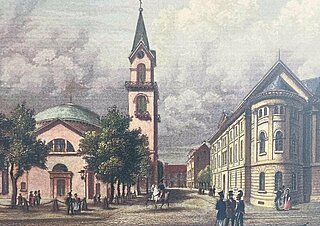 Ein historischer Stich zeigt Ständehaus und St. Stephan in der ersten Hälfte des 19. Jahrhunderts.
